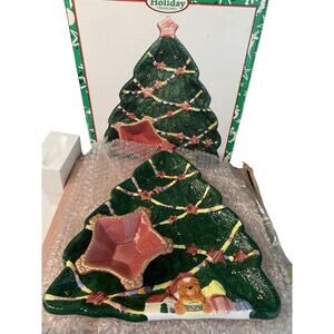 Vintage Chip Dip Platter World Bazaar’s Christmas Tree Condiments NIB New In Box